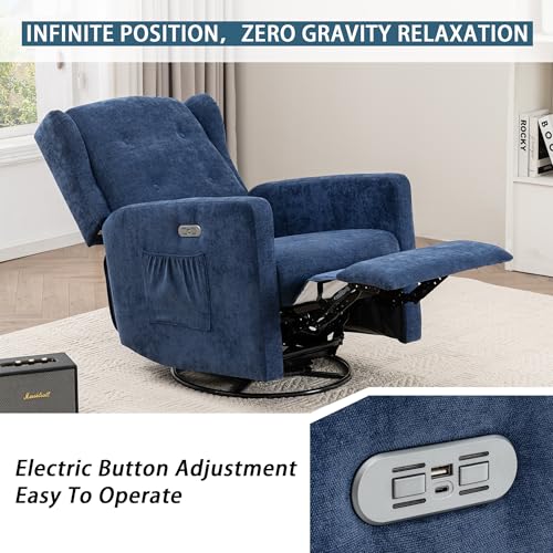 Image of Ketaiyou Power Swivel Rocking Recliner Chair, Electric Rocker Nursery Glider Chair, USB and Type-C Ports, Upholstered Fabric Reclining Single Sofa Chair for Living Room (Blue)