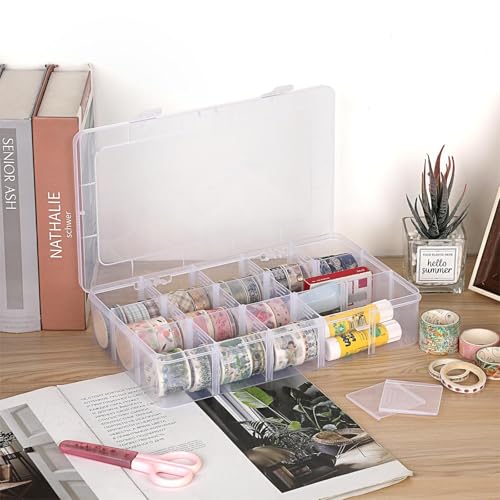 Image of BTSKY 2 PCS Plastic Washi Tape Organizer, Adjustable 15-Grid Compartment Washi Tape Storage Case, Clear Sticker Storage Box for Scrapbook Organizers and Storage, Universal Jewelry Box Bead Organizer