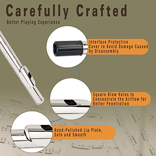 Vanphy Flutes Closed Hole C For Beginners Kids Student, 16 Keys Nickel-Plated Flutes - Musical Instrument With Case, Stand, Cleaning Cloth, Gloves, Tuning Rod (Silver) #TOP2