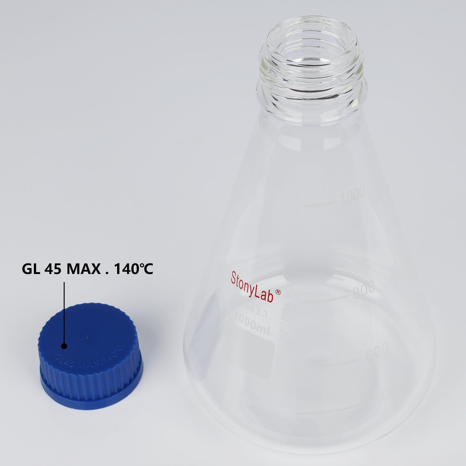 stonylab Fiole Erlenmeyer avec Bouchon à Vis Bleu, Graduée, en Verre Borosilicaté pour Laboratoire, 1000 ml