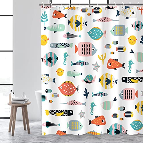 Image of RosieLily Fish Shower Curtain, Kids Bathroom Shower Curtain, Nautical Shower Curtain Set with 12 Hooks, Waterproof Colorful Animal Cartoon Fish Bathroom Decor, 72x78