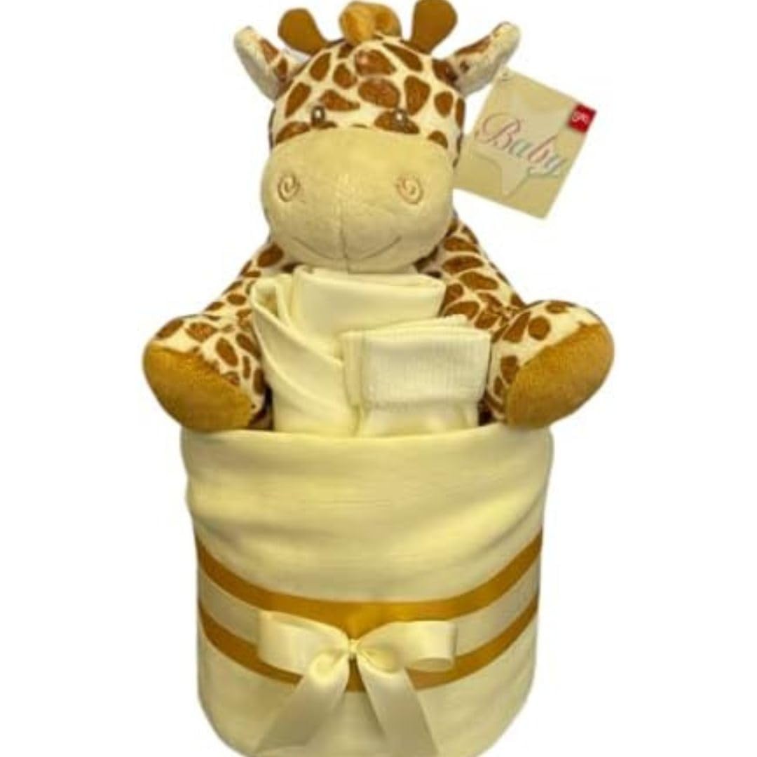 Pannolino Torta Neutro Unisex Baby Gift – Mussola Square wrap 9 Premium Pannolini Bavaglino Calzini e Peluche Morbido Giraffa