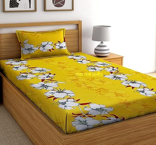 Image of KAWI Single Bedsheet Elastic Fitted Glace Cotton With 1 Pillow Cover 200 Tc Floral(Size 72X48X Up To 8 Inches Mattress)-Mustard Color,Small Single