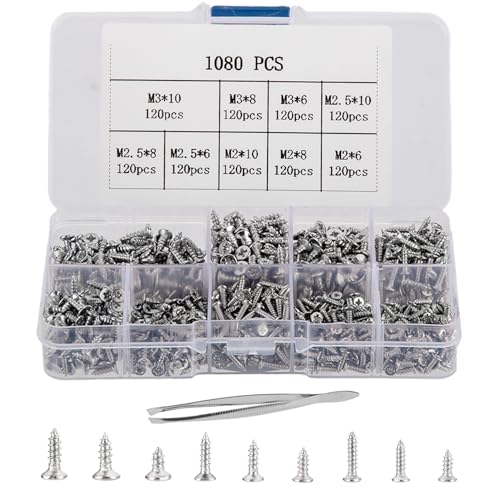 1080 Pcs Stainless steel Small Wood Screws Assortment Kit, M2/M2.5/M3 Cross Head Self Tapping Screws