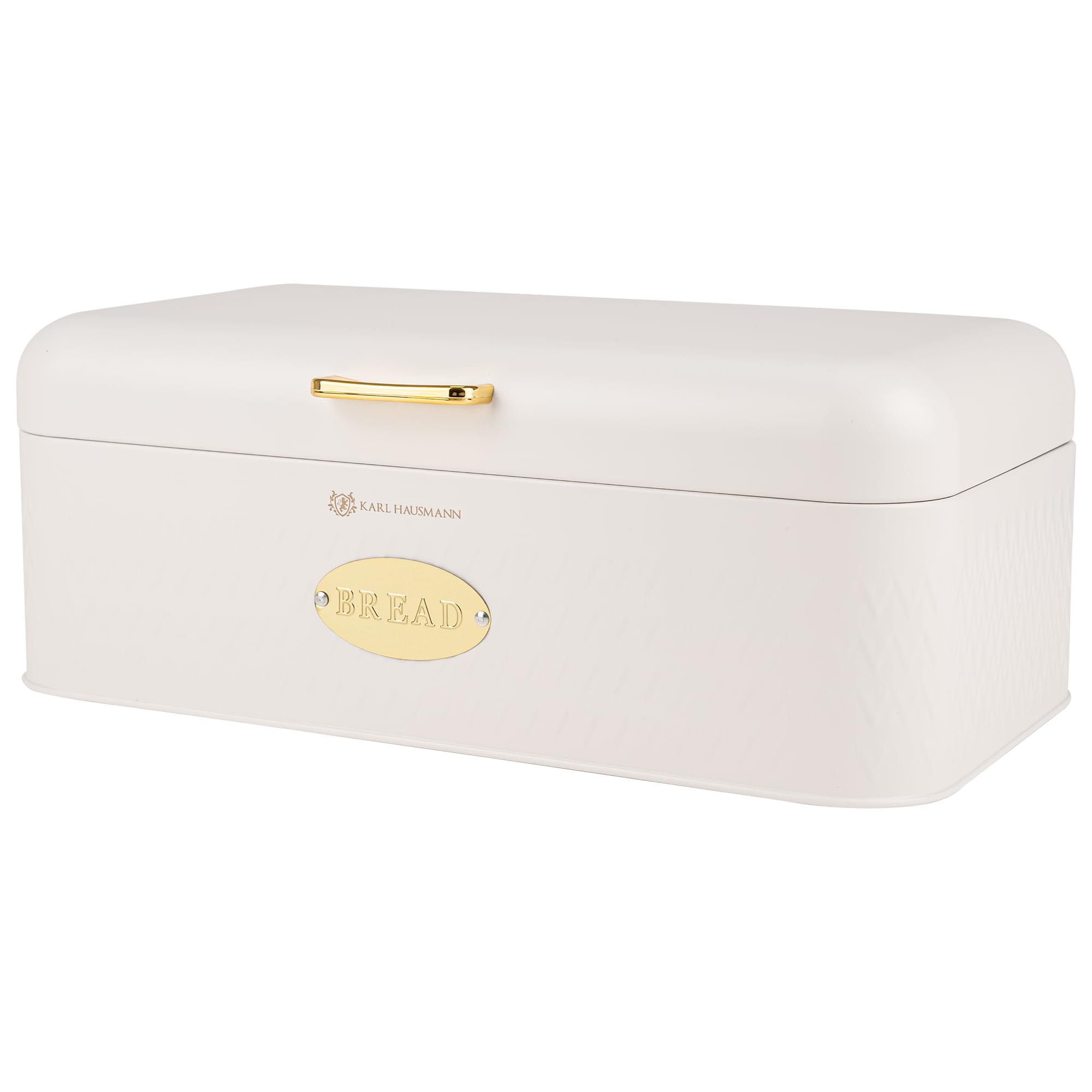 KARL HAUSMANN Panera de Metal Blanca - 42,5x23x16,5 cm - Caja Para Pan Grande Para Pan, Bollos Y Productos De Panadería, Panera Moderna Con Ventilación Para Cocina - Caixa Pao | Panera con relieve frontal geométrico, tapa con bisagra, placa ovalada BREAD,