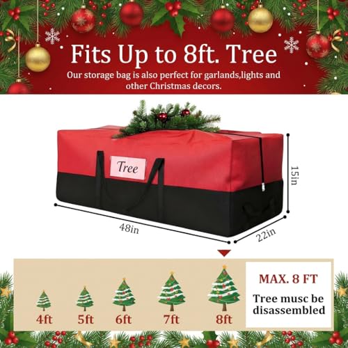 Image of Christmas Tree Storage Bag, Fits 8 Ft Artificial Trees, Red | Wide Dual-Zipper Opening, Reinforced Handles, Clear Label Pocket, Tear-Resistant 600D Oxford, Dust and Moisture Protection