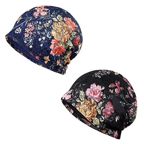 Glamorstar Floral Lace Beanie Hat Chemo Cap Stretch Slouchy Turban Headwear (One Size, Rose-Black,Sapphire)
