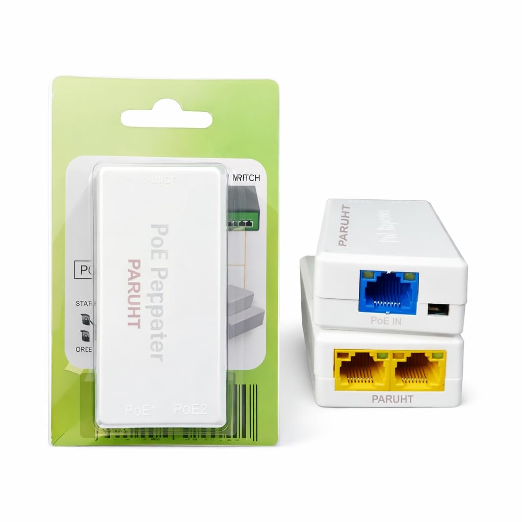 PARUHT POE Repeater 10/100Mbps 1 to 2 POE Extender Networking Device, Supports 2 Cameras up to 100M, External Power not Required, POERE