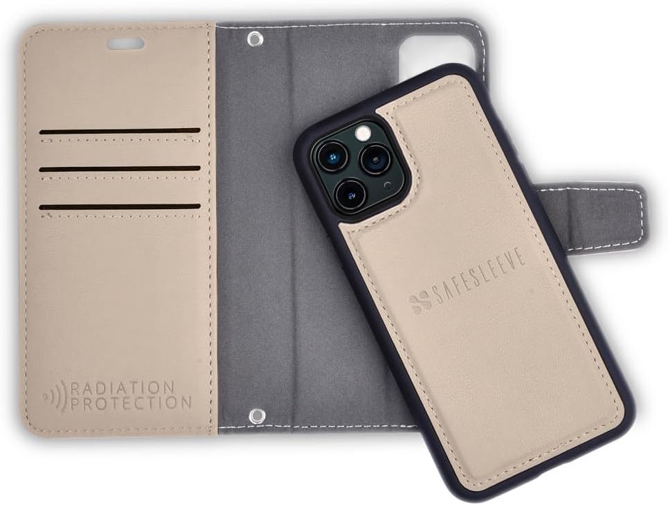 SafeSleeve Wallet Leather Case Detachable for iPhone 12 Pro Max EMF Blocker for Cell Phone with 3 Card Holder & Adjustable Stand – Magnetic Closure, and Magnetic Folio Protection for Daily Use (Beige)