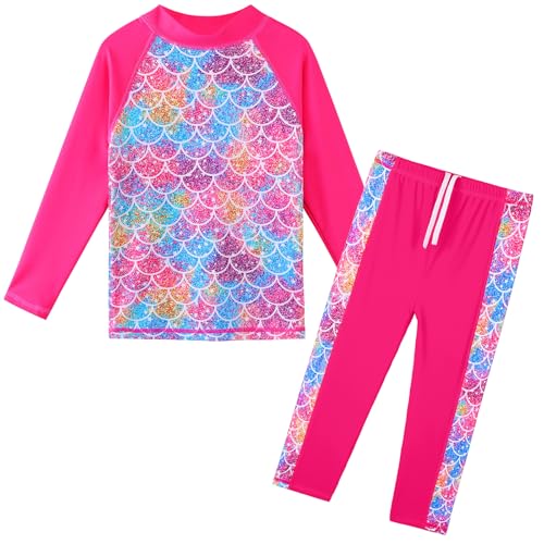 Image of TFJH E Girls Two Piece Swimsuit Long Sleeve Rash Guard Ages 3-12 | UPF 50+ sun protection, breathable , lightweight long sleeve swimsuit, full coverage, pool beach vacation, water park