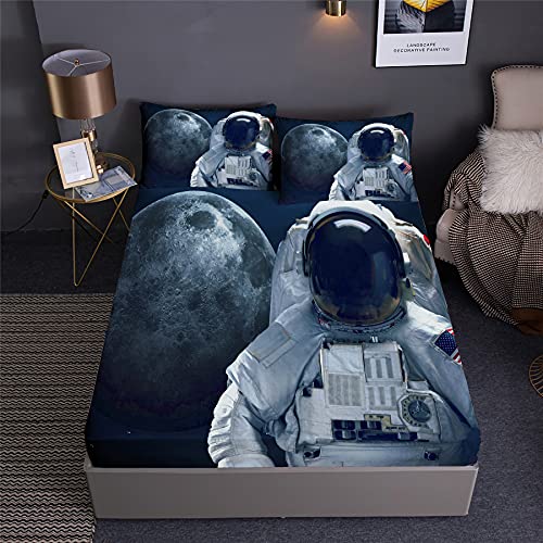 NOADREAM Spannbettlaken Astronaut Fantasieraum Mit Kissenbezugs Planeten Sternenhimmel Galaxie Sternengalaxie Astronaut Spannbetttuch Bettwäsche-Set 3 PCS (E,King:160x200x35cm) Cover