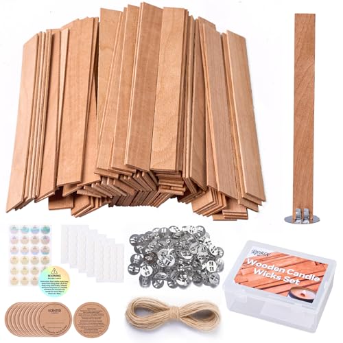 200pcs Thickened Wooden Candle Wicks Kit for Candle Making – Natural Smokeless Crackling Include 100pcs Wood Wicks with 100pcs Metal Bases, DIY Soy Wax Supplies