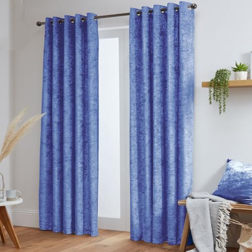 John Aird Crushed Velvet Fully Lined Eyelet Curtains (Blue, 46" Wide x 72" Drop)