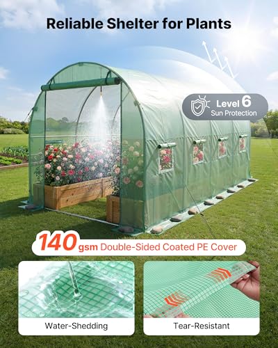 Image of VEVOR Walk-in Tunnel Greenhouse, 15 x 7 x 7 ft Hoop House Greenhouse Tunnel with Watering System, Plant Hot House with Steel Frame, PE Cover, Roll-Up Zipper Door and 8 Windows for Outdoors, Green