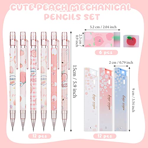 12 Pieces Kawaii Juice Peach Mechanical Pencil With 6 Cute Erasers And 12 Tube Hb Pencil Refills,Fruit,Set For Student Writing, Drawing, Sketching, Architecture (0.5Mm) #TOP1