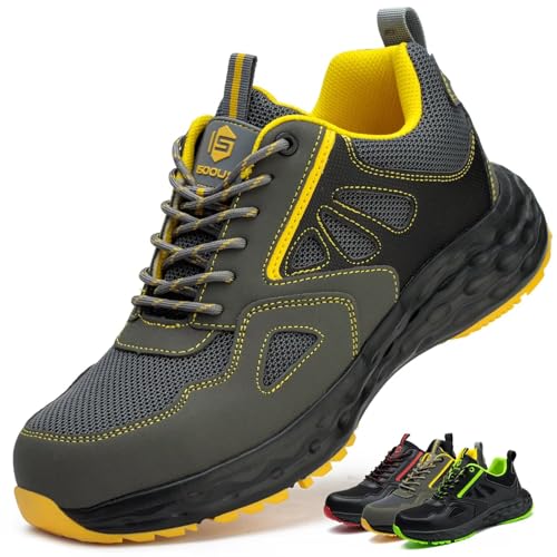 Zapatos de Seguridad para Hombre Mujer Zapatillas Trabajo Puntera de Plástico Ligero Calzado de Seguridad Comodo Transpirables Gris Amarillo EU 42