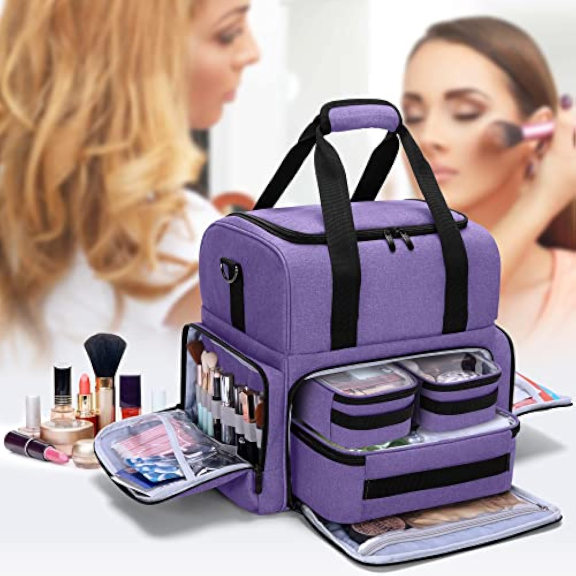 Large Travel Makeup Bag with Removable Pouches, Purple