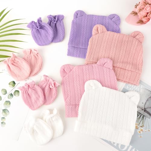 Image of BQUBO Newborn Baby Hats Bear Ears and Mittens Sets Preemie Caps Baby Boy Girl Infant Hospital Beanie for 0-3 Months