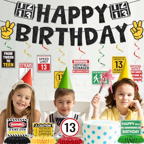 Image of 13th Birthday Decorations for Boys, 14PCS 13 Year Old Happy Bday Banners with Hanging Swirls Decoration Official Teenager Honeycomb Centerpiece Party Decor From Tween to Teen Supplies