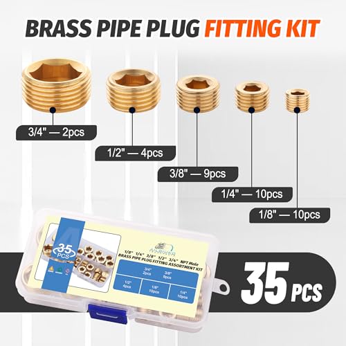 Image of 35Pcs Brass Pipe Fittings Socket Plug Kit,1 /8 inch 1 /4 inch 3 /8 inch 1 /2 inch 3 /4 inch | NPT Male Internal Hex Thread Socket Pipe Plug Assortment Set,5 Sizes