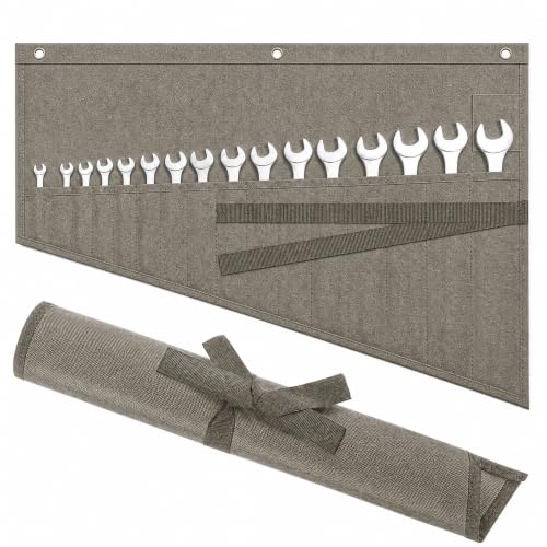 Image of Wrench Roll Up Pouch,16-Pocket Heavy Duty Roll Up Tool Bag,Sturdy Waterproof Oxford Fabric with 3 Rings for Wrenches,Screwdrivers,Hand Tools Storage,Portable Wrench Organizer for Mechanics(Olive Gray)