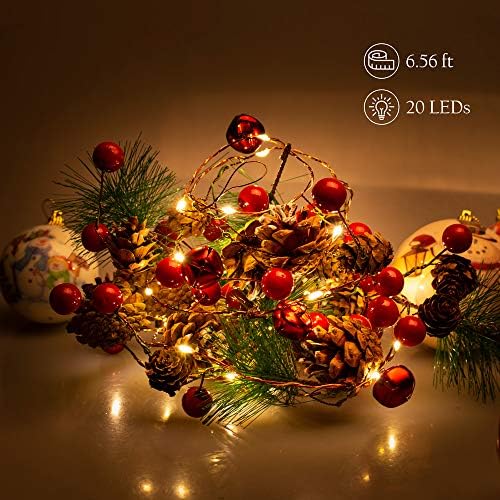 Difireo, Red Berry with Pine Cone Garland Lights 6.5FT 20