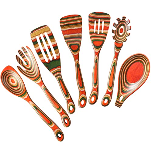 NAYAHOSE 7Pcs Pakkawood Kitchen Utensils Set for Cooking, Wooden Spoons for Cooking, Safe Eco-Friendly, Non-Stick, Wooden Utensil for Cooking,Wooden Cookware Set, Housewarming Kitchen Gifts, Colorful