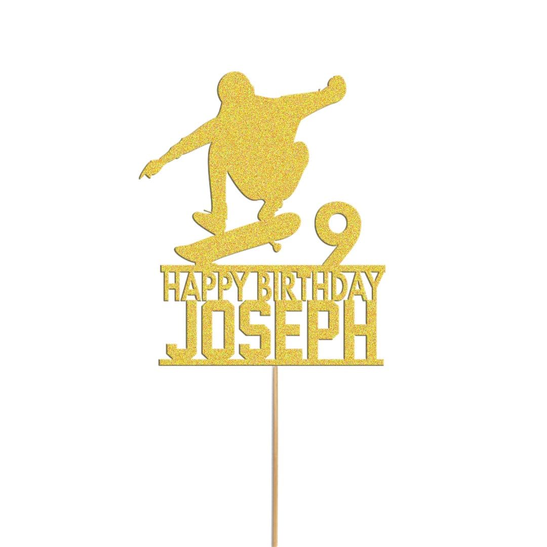 Skateboard Cake Topper Personalised Skater Birthday Cake Decoration Any Name Age | Personalised Cake Topper with Custom Name & Age | Birthday Party Decoration (Gold)