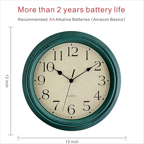 Image of Foxtop Retro Silent Non-Ticking Round Classic Clock 12 Inch Quartz Decorative Battery Operated Wall Clock for Living Room Kitchen Home Office (Turquoise)