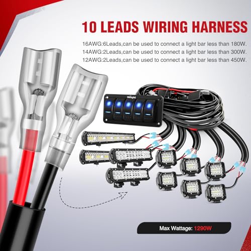 Image of Nilight 16AWG 14AWG 12AWG LED Light Bar Wiring Harness Kit - 10 Leads | 12V On /Off 5 Gang Rocker Switch Panel Power Relay Blade Fuse 5Pin Toggle Switches for Cars Boat ATV Trucks