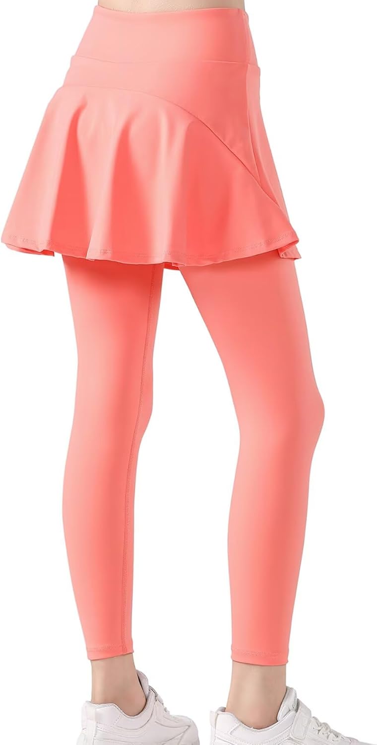 2 in 1 Girls Leggings with Skirt High Waisted Tennis Athletic Flowy Skirted Legging...