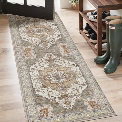 GENIMO Boho Vintage Flur Teppich Läufer Waschbar 80x200CM, Rutschfester Kurzflor Teppich für Korridor, Küche oder Treppe, Stilvoller Läufer