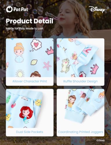 Image of Disney Outfits for Girls Long Sleeve Shirt Pocket Pant Toddler Sweatsuit | Officially Licensed丨Girls Clothes丨2-Piece Outfit丨Allover Print丨Ruffle Shoulder丨Jogger Pants丨Soft Feel丨Easy Care丨Mix & Match