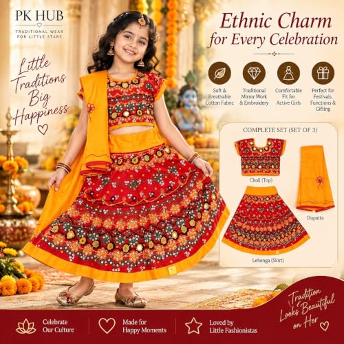 Image of PK HUB Girl's Cotton Radha Dress - Traditional Lehenga Choli with Dupatta | Readymade Chaniya Choli for Garba, Dandiya & Janmashtami | Ethnic Costume for Girls (Set of 3)