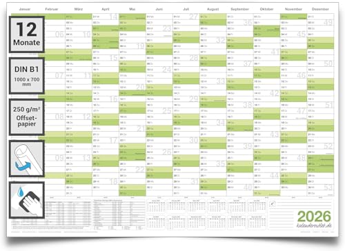 DIN B1 Wandkalender 2026 abwischbar – XXL Jahresplaner 100x70 cm, feucht korrigierbar, inkl. deutscher Beschriftung – großer Kalender für Büro, Schule & Zuhause – von Kalenderoutlet
