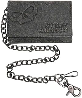 Harley-Davidson Men's Burnished Tri-Fold Skull Biker Chain Wallet BM2625L-TanBlk