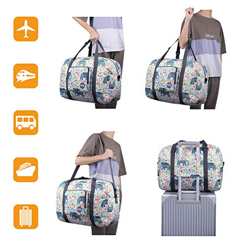 Wandf Foldable Travel Duffel Bag Carryon Luggage Sports Gym Weekend Tote Bag Water Resistant Nylon for Women (A-Elephant)