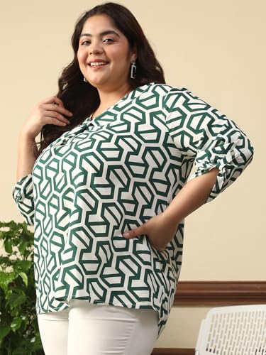 Image of oxolloxo Women Plus Size Green Abstract Rayon Print V-Neck with Long Roll up Sleeve & Pleate Detail Top
