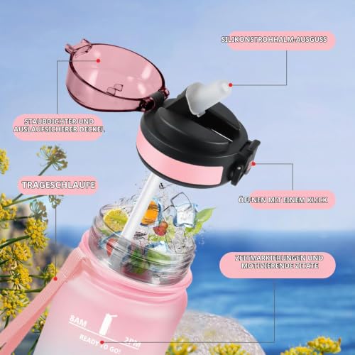 KollyKolla Trinkflasche Auslaufsicher 500ml, Wasserflasche mit strohhalm, Sport Trinkflasche mit Zeitmarkierung, Kohlensäure Geeignet… – Ansicht 2