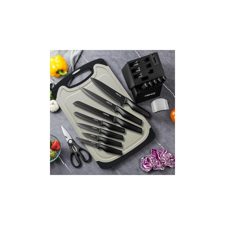 Kitchen Knife Set with Block and Sharpener 16 Pcs German Stainless Steel Knife Block Set with Cutting Board, Finger Protector for Cutting Food and Knife Sharpener Knives Set for Kitchen
