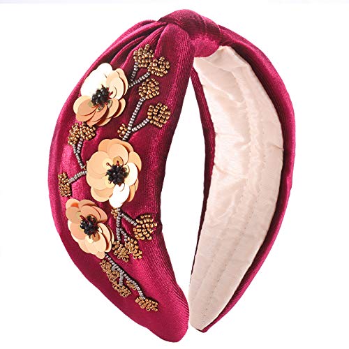 NLCAC Bead Embroidered Headband Hand Sewing Floral Sequins Bead Embellished Knotted Turban Headband Hairband Hair Accessories (Burgundy)