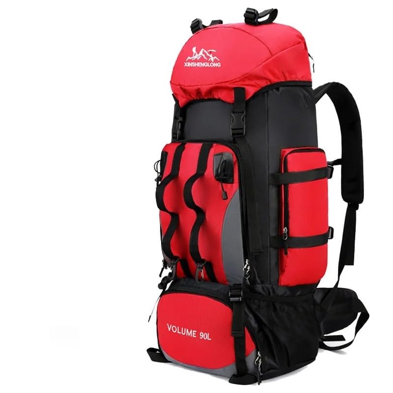 GAREGEAR 90L Waterproof Hiking Camping Backpack Trekking Bag Rucksack Large Capacity Travel Outdoor Sports Bags Camping Equipment (Red, 90L + Rain Cover)