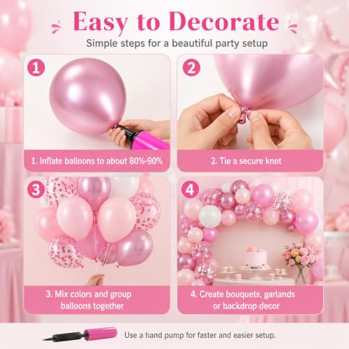 Image of Biapian Pink & White Metallic Chrome Confetti Latex Balloons - 12 Inch Ribbon Party Balloons Set for Girls' Birthday Princess Parties
