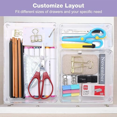 Image of 16 Pcs Clear Plastic Drawer Organizers Set - 4-Size Versatile Storage Trays for Bathroom, Vanity, Makeup, Kitchen Gadgets & Office Organization, Stationery Organizers Box