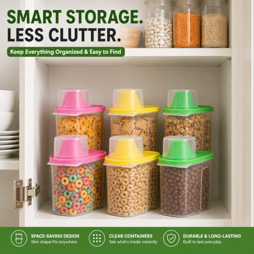Image of Basicwise Set of 3 Large 2.5-Liter and 3 Small 1.9-Liter Airtight Food Storage Containers Easy-Pour Spouts & Measuring Cup Lids for Flour Sugar Cereal Snacks & Pantry Staples in Green Pink & Yellow