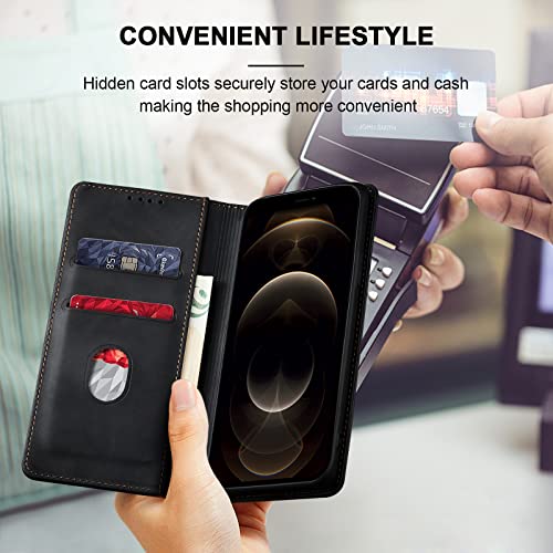 Image of Jasonyu Flip Wallet Case for iPhone 12 Pro Max,Leather Magnetic Folio Cover with Card Holder,Kickstand - TPU Shockproof Durable Protective Phone Case,Black