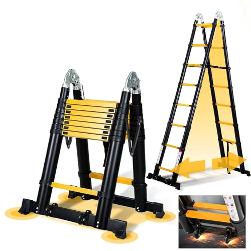 Ikodm Escalera telescópica Plegable de Aluminio 5M(2.5+2.5), Escalera Extensible de Aluminio, Antideslizante de 150 kg, Negro y Amarillo