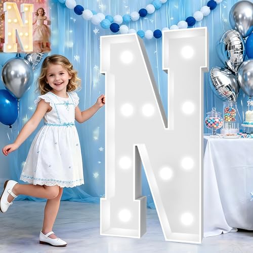 Image of Pooqla 3FT Marquee Light Up Letters, Cool White and Warm White LED Big Mosaic Marquee Letters 3 Feet, Giant Letter Sign for Balloons Birthday Anniversary Wedding Party Decoration, Letter N