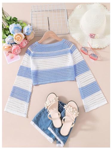 WDIRARA Girl's Color Block Hollow Out Bell Long Sleeve Sweater Casual Round Neck Pullovers2