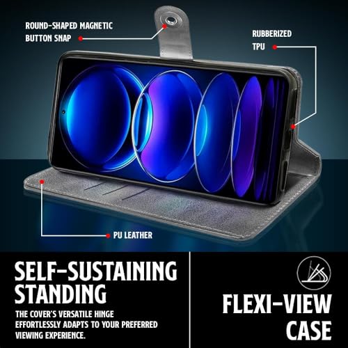 Image of WOW IMAGINE Shock Proof Flip Cover Back Case for Redmi Note 12 Pro 5G (Magnetic Button Flip Case | Wallet Pockets & Stand | Leather Finish | Aquamarine)